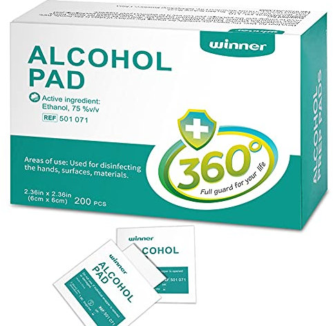 Winner Medical Alcohol Wipes, 75% Ethanol Hand & Skin Disinfecting Wipes, Individually Wrapped Sterile Alcohol Swabs, 4 Layers of Sterile Alcohol Pre Pads, (6 * 6 cm(200Pcs))