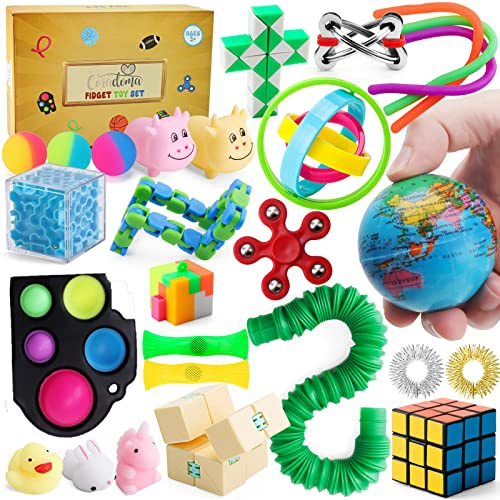 Fidget Toy set, anti-stressleksak, Pop It, set med Squishy Mochi, stressboll, fidget spinner, ångest, ring, anti-stressboll, sensoriska leksaker | presentförpackning för barn och vuxna (brun, 27 delar