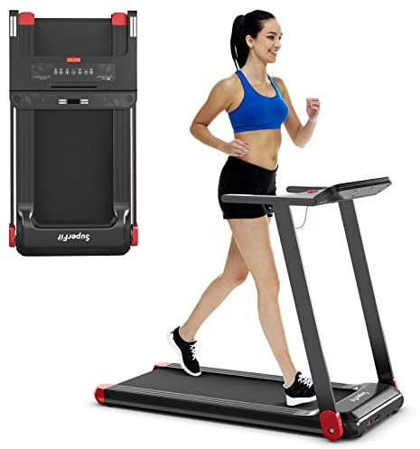 COSTWAY Tapis de Course Electrique, 1-12 KM/H, Moteur 550 W, Tapis de Fitness Pliable avec Application de Contrôle, Haut-Parleur Bluetooth, 12 Programmes, Écran LCD et Support d'Appareil (Rouge)