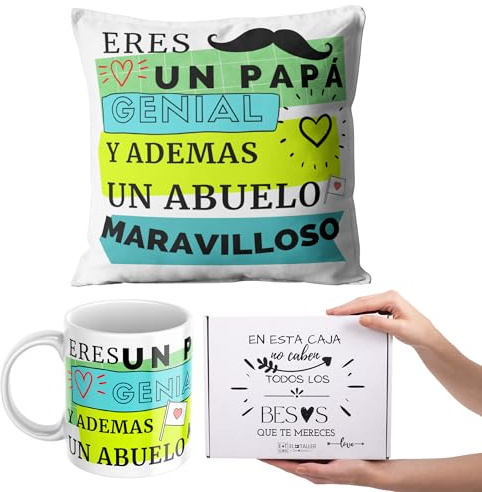 by Krol - Regalos Originales Hombre - Día del Padre - Regalos Dia del Padre - Regalo Hombre Original - Regalo Hombres - Cojín + Relleno y Taza Papá Genial - Cumpleaños Papá - para Padres y Abuelos
