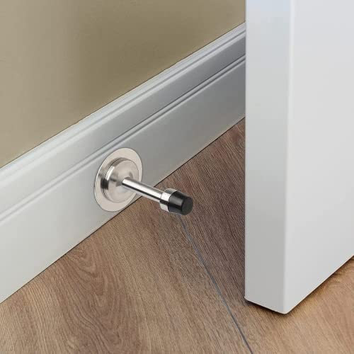 Vandicka 4 Pack Adhesive Long Door Stops Wall Mounted, Brushed Stainless Steel Door Stopper with Rubber Bumper for Wall & Furniture Protection, Screw Fixing or Stick on Wall or Skirtings