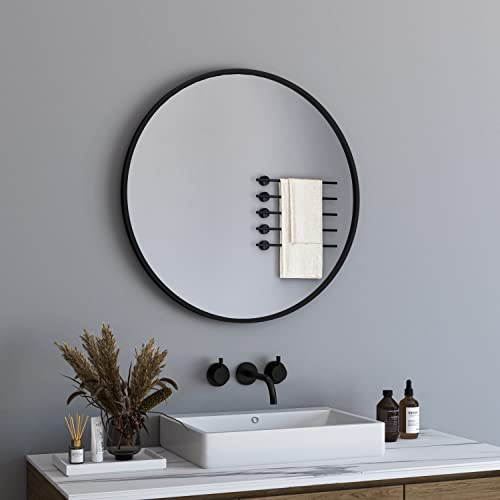 BD-Baode 50cm Runder Spiegel Shwarz Wandspiegel mit Gebürstetem Metallrahmen für Bad, Waschtisch, Wohnzimmer, Schlafzimmer, Eingang Wanddekoration