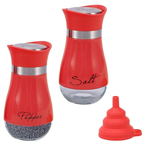Jiakalamo Salt and Pepper Shakers Set with Foldable Funnel, 2pcs Salt and Pepper Seasoner Bottle Glass Spice Shakers Refillable Salt Dispenser for Home Kitchen Cooking Camping BBQ(Red)