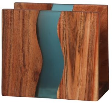 LAVAUK Acacia wood & Transparent Epoxy resin Napkin holder for table, Rustic farmhouse napkin organisation for kitchen, dining, counter tops, restaurant or outdoors | 6x5x2.5 inches| Turquoise