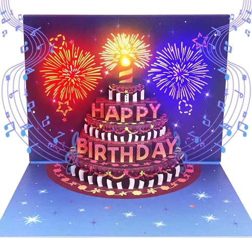Geburtstagskarte mit Musik und Licht Feuerwerk Happy Birthday Geburtstagskarten 3D Pop Up Karte Geburtstag für Frauen Männer Kinder Mädchen Freundin,mit Umschlägen