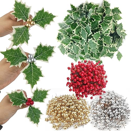 TIHOOD 300PCS Artificial Holly Berries with 100PCS Green Leaves Gold Silver Red Holly Berry Stems with Leaves Artificial Holly Leaves and Berries for Christmas Wreath Arrangement Cake Toppers Craft