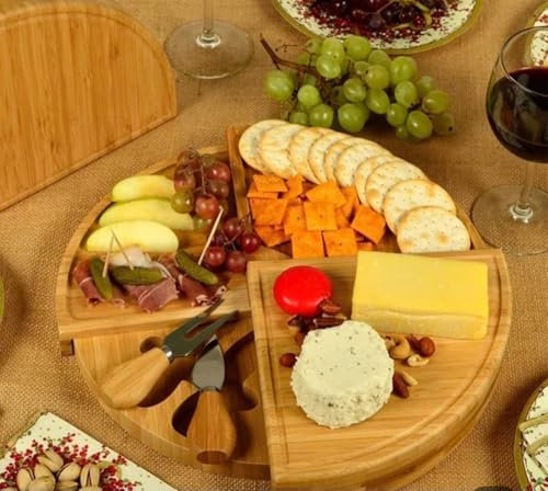 LOVING NATURE Bamboo Round Cheese Board and Knife Set: Large Charcuterie Board Set & Cheese Platter, Unique House Warming Gifts, New Home, Anniversary & Wedding Gifts for Couple