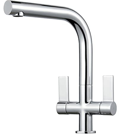 Peppermint Kitchen Mixer Taps 1 Hole Square 360° Swivel Dual Lever Chrome | Low Height Fits Compact Cabinets Caravans | L-Shape Monobloc Sink Taps | 304 Stainless Steel | Splash-Free Aerator | Easy Fit