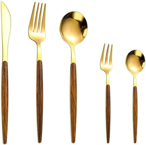 Tafelbesteck, 30-teiliges Besteckset Aus Edelstahl Mit Holzgriffen, Besteck Für 6 Personen, Tafelbesteck Für Den Haushalt, Bankettbesteck,30 Stück Gold,Picturesque234