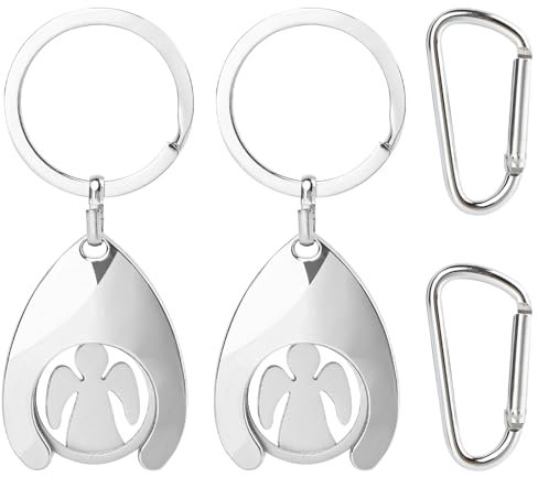 AILUYA Moneta per carrello della spesa, con moneta rimovibile, 2 pezzi, in metallo, angelo custode, portachiavi con 2 moschettoni per tutti i carrelli della spesa, argento, 4.1cm