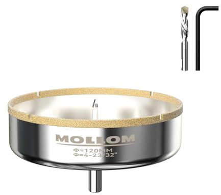 MOLLOM 4-23/32 (120mm) Sega a tazza diamantata con 2 punte pilota | Sega a tazza per piastrelle, taglio fluido su gres porcellanato, ceramica, marmo, granito