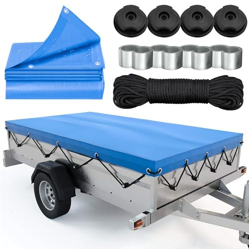 Anhänger Plane, Anhängerplane Flachplane mit 8m Planenseil, Würgeklemmen, Planenknöpfe, Stema Anhänger Plane für 750kg PKW Hänger | Abdeckplane Anhänger Abdeckung