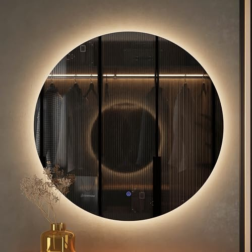 Planetmöbel NOVA Spiegel mit Beleuchtung rund | Spiegel mit LED-Licht, Dekorativer Wandspiegel ohne Rahmen, Dimm-Funktion, 4200k neutralweißes Licht, 80 x 80 cm