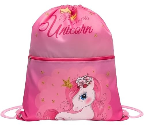 Bolsa deportiva con asas y bolsillo para niño, bolsa de cordón mochila para guardería, gimnasio, piscina, viaje, zapatero unicornio, Unicornio, talla unica