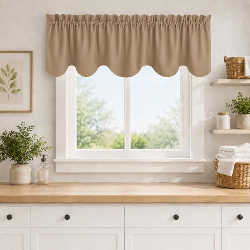 Aquazolax Fenster-Querbehang, Bogenkantendesign, Fensterschmuck, dekorative Vorhänge, Querbehang mit Stangenschlaufen für Küche, Wohnzimmer, ca. 46 x 132 cm (L x B), 2 Stück, Taupe