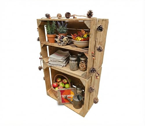Teramico Vintage begagnade trälådor/fruktlådor/vinlådor, original från fruktodling med flammat förvaringsfack, 50 x 40 x 30 cm (set om 2 | 1 x hylla lång)