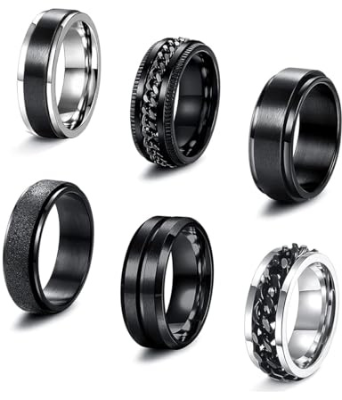 KALVICA 6 Pcs Bague Homme Acier Inoxydable Bague Anti Stress Homme Argent Noir Lot Bague Fiancaille Mariage pour Homme 11