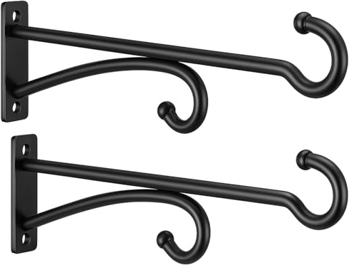 30cm Plant Hanger Hook Outdoor Indoor - Planter Hooks for Hanging Plants, Plant Wall Hooks, Brackets for Hanging Plants, Baskets, Wind Chimes, Bird Feeders, Lanterns, Bird Houses (Black, Metal, 2Pack)