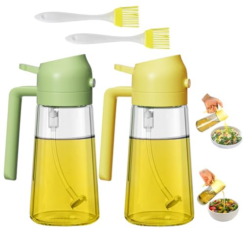 SereneJoy Glass Oil Spray Bottle, 2Pcs 2-in-1 Oil Sprayer for Cooking Air Fryer, 16oz/470ml Olive Oil Dispenser with Premium Nozzle, Kitchen Gadgets for BBQ, Salad (Green & Orange)