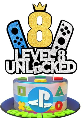 JSRHEEM Födelsedagstårtdekoration för spelfans, nivå 8 låst upp, glittrande spelkonsol, cupcake-toppare för pojkar och flickor, ålder 8 år (8 år)