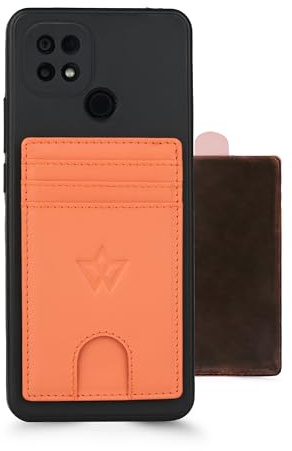 WASAMA Unisex Leather Stick-on Card Holder Colours Available | Multiple Card Slots, for iPhone or Android case | RFID Protection | The Handy (Plain, Coral Hue Orange, Regular 3 Card)