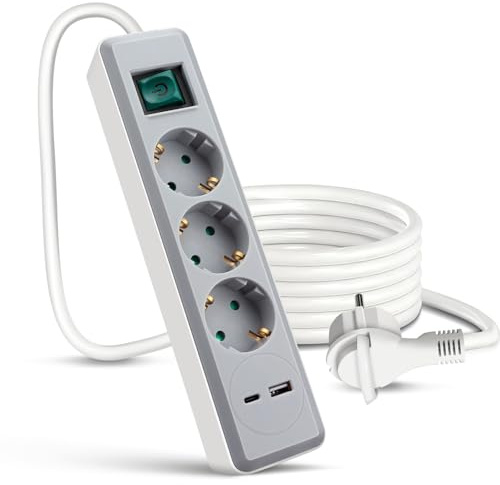 EXTRASTAR 3 Fach Flachstecker Steckdosenleiste mit USB C (PD 20W) & USB A | Mehrfachsteckdose Flacher Stecker mit Schalter & Kindersicherung, 1,5M Kabel 3G1.5mm², Grau + Weiß