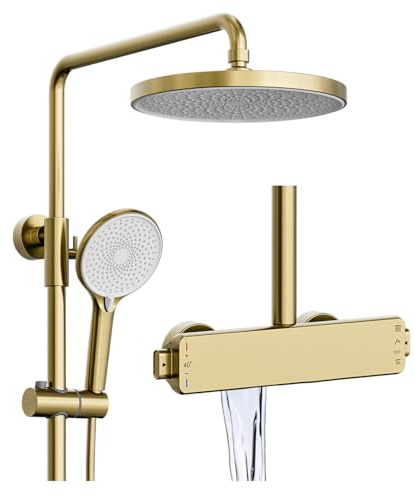 Duschsystem Gold mit Thermostat, 3 Funktions Duscharmatur Komplettset Höhenverstellbar Duschset Regendusche Set mit Armatur Wasserfall, Messing Duschgarnitur mit Regendusche, Handbrause