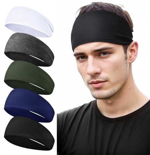 5er Pack Stirnband Herren, Double Sided Schweißband Stirn, Elastisch rutschfest Haarband für Fitness, Laufen, Radfahren, Wandern