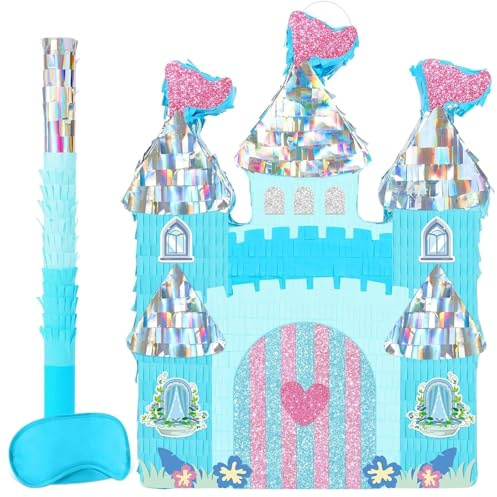 WERNNSAI Prinzessin Schloss Pinata – Prinzessinnen Piñata Geburtstag Deko Mädchen Kinder Blau Schloss Pinata mit Stock Augenmaske Gefüllt Piñata Prinzessinnen Partyspiele Dekoration