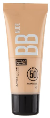 Maybelline New York BB Cream SPF50, Pelle Uniforme, Idratata e Protetta, Arricchita con Pigmenti Che si Uniformano all'Incarnato, Con il 90% di Ingredienti Skincare, Fit Me BB Nude, Tonalità: 30, 30ml