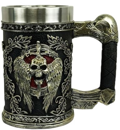 Anhuastar Chope à bière gothique avec tête de mort ailée, décoration médiévale, intérieur en acier inoxydable, noir
