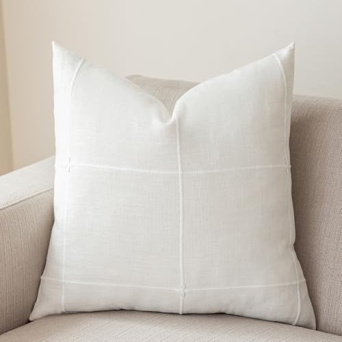 vctops Rustic Lattice Cotton Linen Decorative Throw Pillow Cover Embroidery Square Cushion Cover Pillowcase for Sofa Bedroom Couch (Plaid White, 20x20)