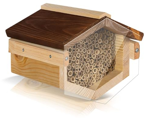 Beesi Wildbienenhotel mit Vogelschutz I Dach wetterfest I Nisthülsen aus Bambus I hochwertiges Insektenhotel I ohne Splitter mit Acrylgrlas Vogelschutz