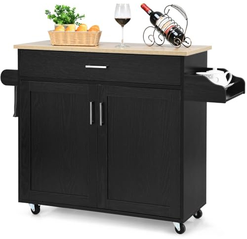 FANTASK Kücheninselwagen mit Schublade & Gewürzboard, Küchenschrank mit Handtuchhalter & höhenverstellbare Ablage, Küchenwagen rollbar, Servierwagen aus Holz, Kücheninsel (Schwarz)