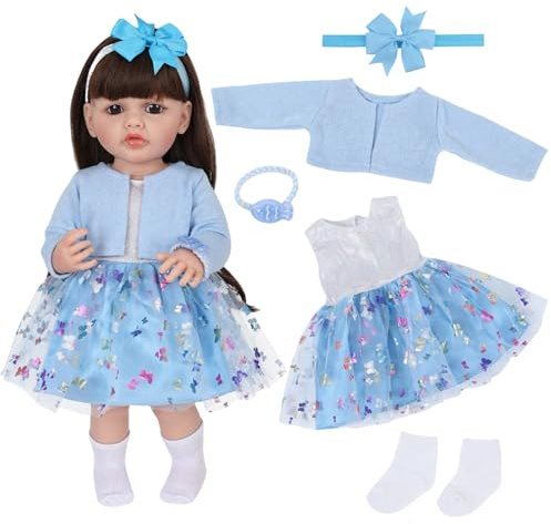 Abbigliamento per Bambola da 20-22 Pollici, Set di 5 Pezzi, 50-55 cm, Completo Rosa Fantasy per Bambola con Abito+Giubbotto Rosa+Cappello di Peluche+Borsa+Calzini, 50-56 cm, Outfit per Bambola Regalo