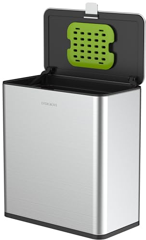 EverGrove 9L Stainless Steel Hanging Compost Bin with Odour-Reducing Lid, Wall Mounted Kitchen Bin with Removable Inner Bucket, Ideal for Cabinet Door or Under Sink (Stainless steel(Silver))
