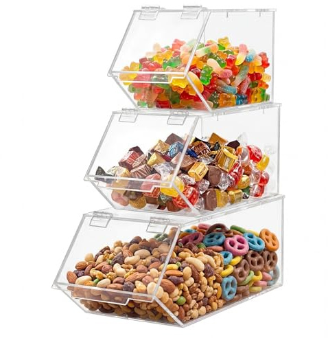 Fiwochic Set of 3 Stackable Candy Bins, Acrylic Pantry Storage, 3 Sizes