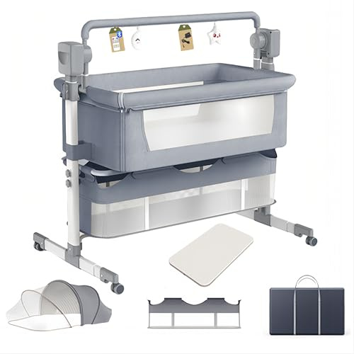 Aveainelle Cuna Colecho Bebe Eléctrica Smart con Bluetooth, Música, Cuna Colecho Plegable y Convertible, Cama Ajustable para Recién Nacidos con Remoto, Cesta de Almacenamiento y Ruedas (Gris Medio)