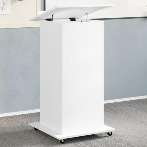 ZQQLVOO Rednerpult mit Rollen und Schublade in Weiß 55x55x107 cm, neigbare Oberplatte mit Umrandung für Präsentationen, 1 Schublade und 2 Fächer für Stauraum, feststellbare Rollen