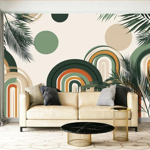 Murales Salon Papel Pintado 200 x 140 cm - Moderno De Mediados De Siglo Hojas De Palma Papel Pintado Mural No Tejido para Dormitorio, Fotográfico Decorativos de Paredes Verde Beige Murales