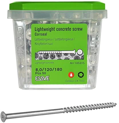 ESSVE Viti per calcestruzzo cellulare a testa svasata CORRSEAL C4 – 50 pezzi – 8 mm Ø – 3 lunghezze (180/200/240 mm) – TX30 – senza preforare – per Ytong & calcestruzzo leggero – Certificazione ETA-20