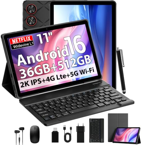 DOFACESH 2026 Android 16 Tablet 11 Pouces, 36GB RAM+512GB ROM, SIM 4G & 5G WiFi, Octa Core 2.0GHz, 13MP+8MP, 2000 * 1200/WidevineL1/8000mAh/BT5.0/OTG/GPS-Tablette avec Clavier (Noir)