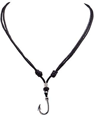 BlueRica Fish Hook on Adjustable Black Cord Necklace (Chrome Finish)