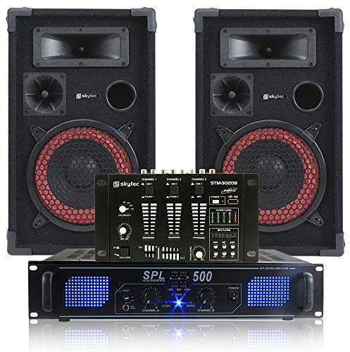 Pair 8 DJ Disco Party Speakers with Powerful PA Amplifier and 6-Channel Audio Mixer Complete Sound System Kit 500W for Events, Karaoke and Performances