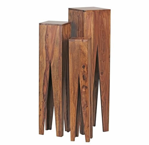 FineBuy Beistelltisch 3er Set Massivholz Satztisch Quadratisch Modern, Säulentisch Pflanzentisch 3-teilig, Blumenständer Blumentisch Wohnzimmer, Pflanzenhocker Blumenhocker Dekosäule Braun