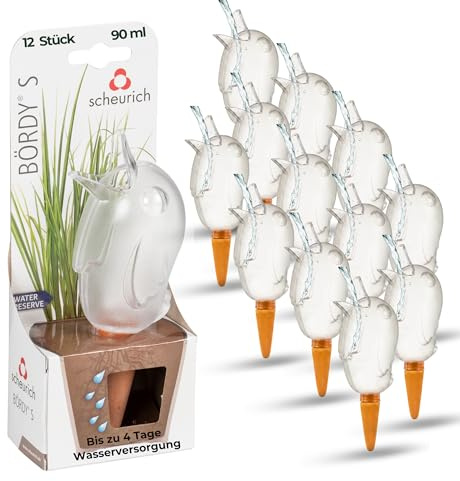 Scheurich Wasserspender S Bördy | 12 x Klar | 90ml Füllmenge | Bewässerungskugel klein mit Ton Fuß | Wasserspender Pflanzen und Blumen Terrakotta Stiel