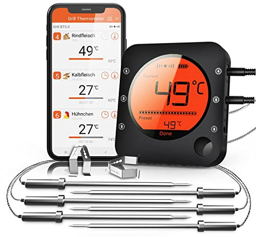 BFOUR Küche Bluetooth Fleischthermometer Digitales Fleischthermometer mit 6 Temperaturfühler Grillthermometer mit Alarm, Bratenthermometer für Grill Ofen Räucherofen