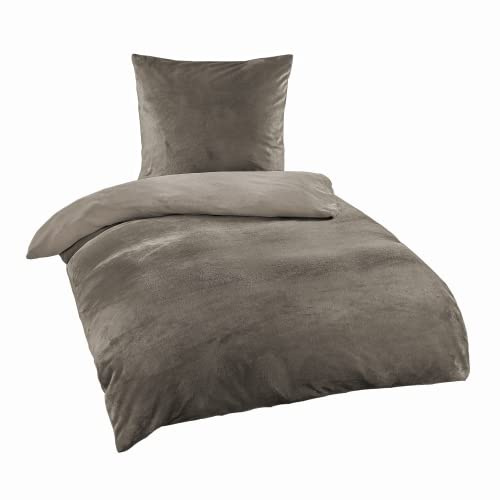 BaSaTex Cashmere-Touch Bettwäsche Set, 135x200 + 80x80 cm, Taupe | Plüsch Winter, warme Nicky Teddy Flausch Qualitäts-Bettwäsche, Kissenbezug