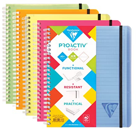 Clairefontaine 328776C - Heft Proactiv'Book DIN A5+ 16x21 cm, 90 Blatt, liniert mit Rand und Kopfleiste, abtrennbar, Einband aus PP, Gummizugverschluß, farbig sortiert, 1 Stück