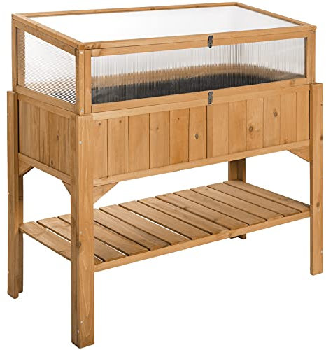 tectake® Raised Garden Bed with Cold Frame & Shelf - Made of Weather-Resistant Pinewood & Damp Proof Lining Ergonomic Design, Locking Hinge Lid - Ideal for Herbs, Flowers & Veg - Outdoors & Indoors